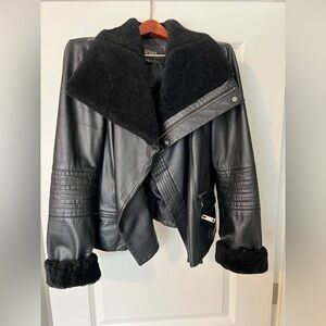 Badgley Mischka Samara Shearling Black Leather Funnel Neck Moto Jacket - Large